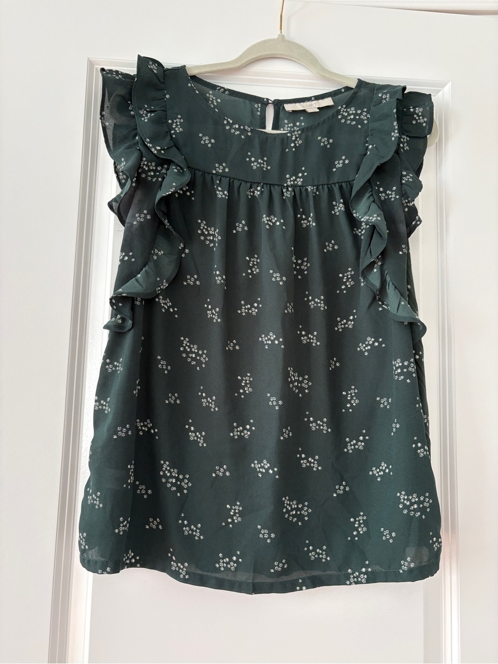LOFT Dark Green Floral Ruffle Sleeve Blouse